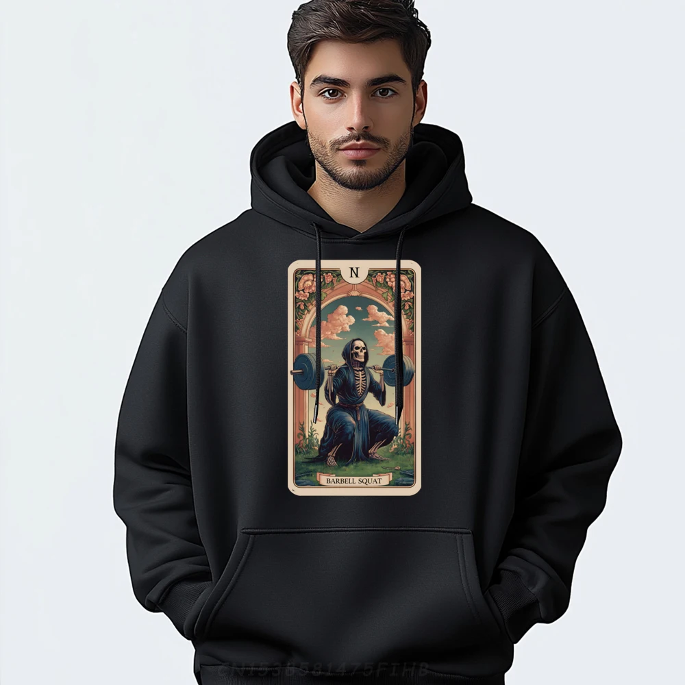 

Print Tarot Card Barbell Squat Gym Hoodies For Male Latest Christmas Round Collar Long Sleeve Sweatshrt Normal Hoodies