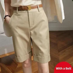 Short d'été taille haute longueur genou pour femme, pantalon droit avec ceinture, pantalon de bureau, pantalon court décontracté, blanc, noir, mode