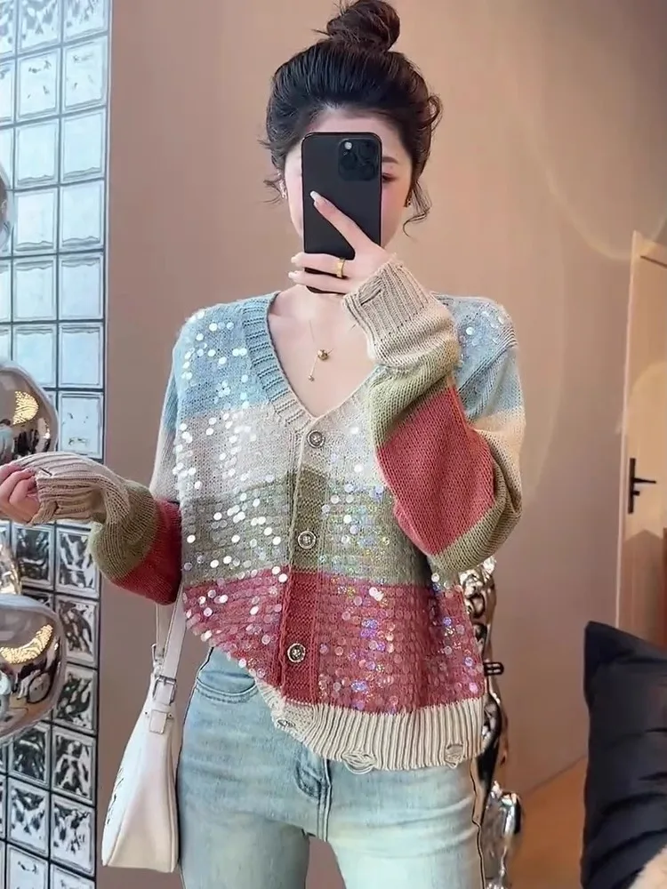 Fashionable Sequins Color Matching V-neck Knitted Tops Female 2024 Spring Clothes New Sweet Long Sleeve Elegant Cardigans