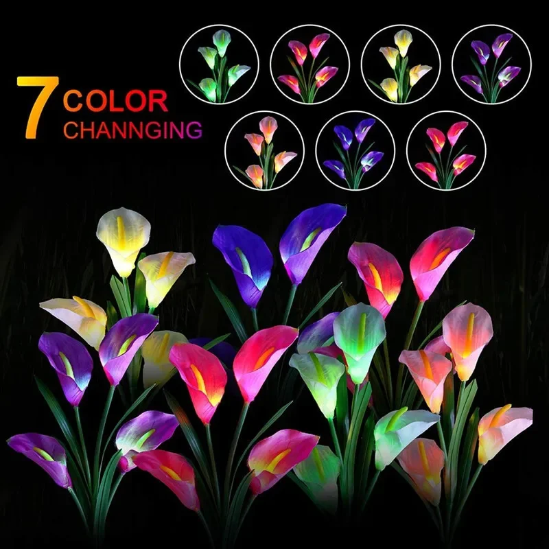 Solar Garden Lights with 4 Head Calla Lily 7 Colors Changing Outdoor Lights Auto On/Off Lawn Lights Waterproof Simulation Flower