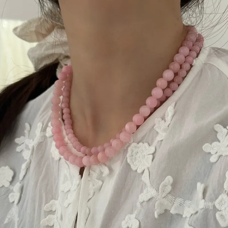 Minar Exquisite 4 6 8mm Pink Color Round Natural Stone Beaded Necklace for Women Handmade Silver Plated Chain Strand Chokers