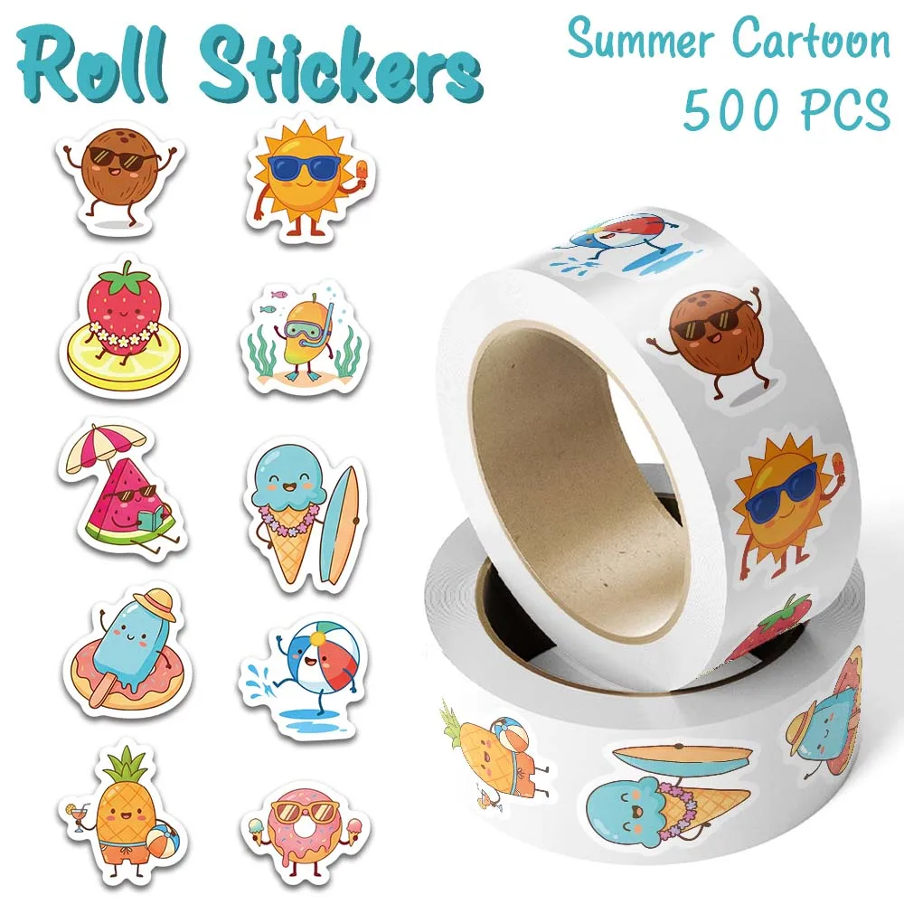 500pcs Summer Cartoon Roll Stickers Kawaii Summer Beach Aesthetic Vibes Decals For Laptop Surfboard Guitar Journal DIY Stickers