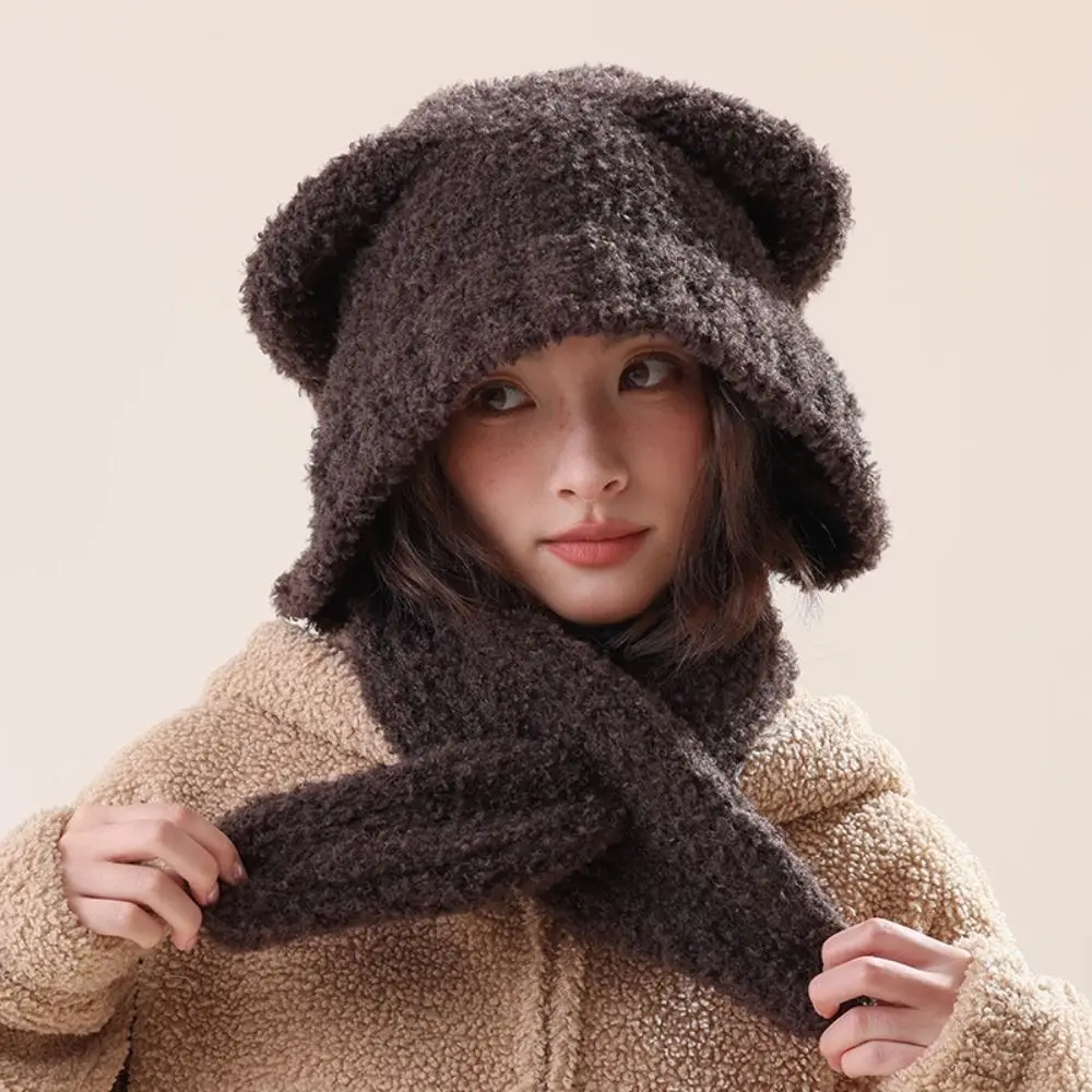 

Cartoon Warm Plush Bear Ear Hat Velvet Soft Cute Beanies Ear Protection Cartoon Hat Scarf Integrated Outdoor