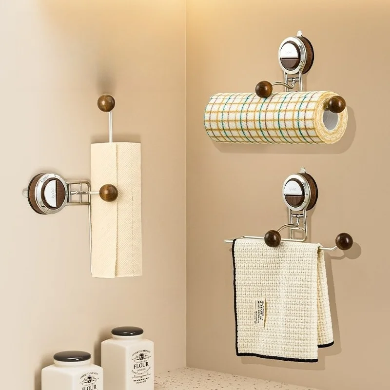 Suction Cup Kitchen Paper Towel Holder Walnut Wood Punch Free Hook Solid Wood Plastic Wrap Hanger for Household Use Bathroom
