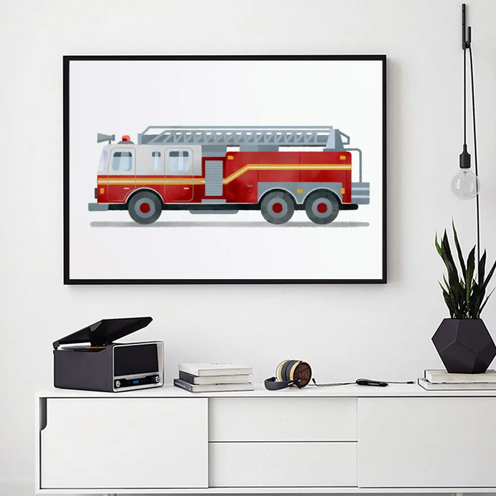 Cartoon Vehicle Construction Fire Truck Nursery Poster Print Canvas Painting Excavator Transportation Wall Art Baby Room Decor