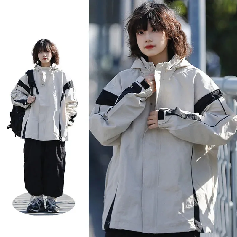 Outdoor Sports  Coat  Set New  Unisex Couple  2-piece Set  Casual Hooded Windbreaker+ Big Pocket Wide Leg Workwear Pants Suits