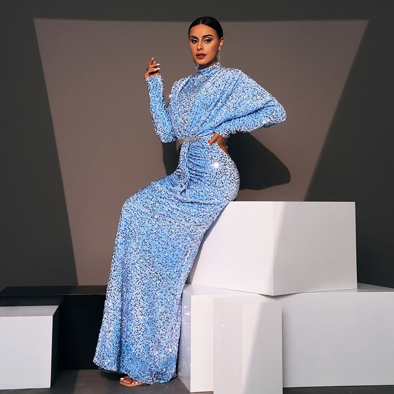 2024 New Women Long Sleeve O neck Blue Dresses Elegant Sequined Prom Cocktail Party Wear Wedding Evening Maxi Dress