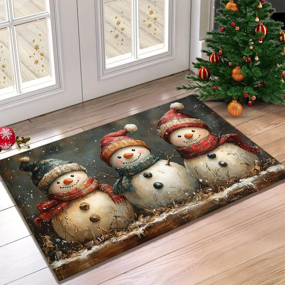 VIKAMA Christmas Carpet Round Snowman Floor Mat Doormat Welcome Mat Living Room Carpet Bedroom Carpet Washable Home Decor