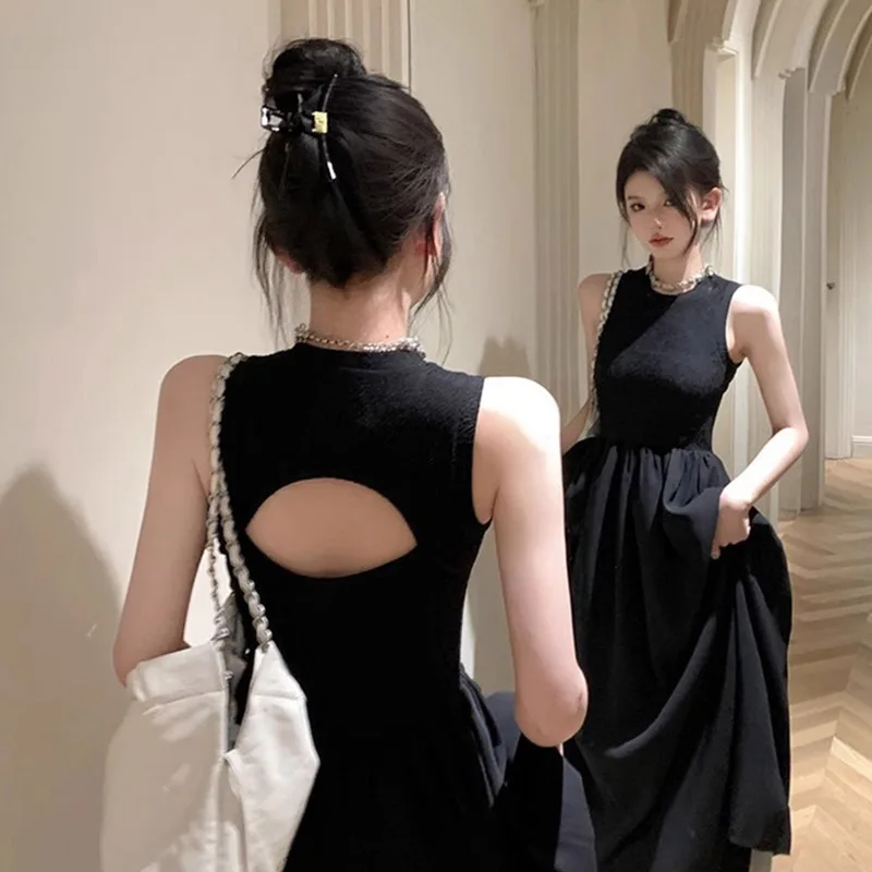 French Retro Style Camisole Dress O-neck Backless Hollow Out Women's Dress Solid Sleeveless A-line Gown Grace Slim Women's Top