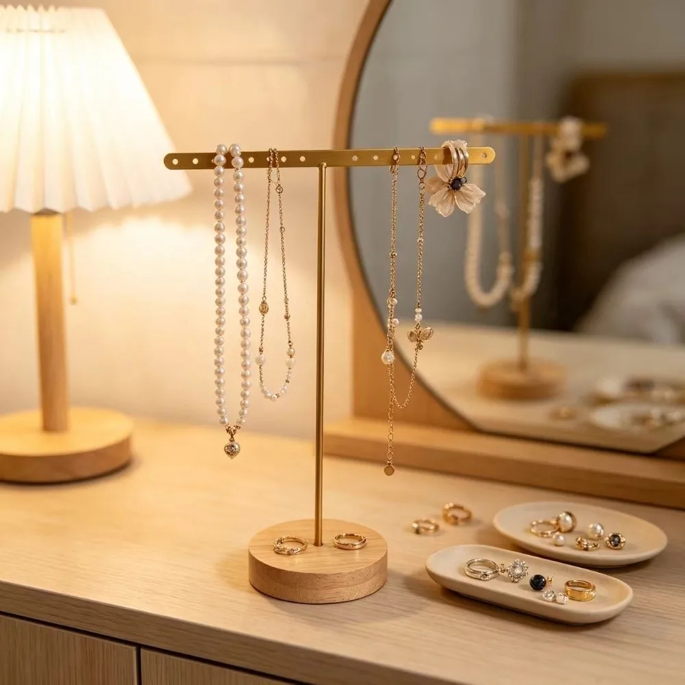 T-Shaped Necklace Storage Rack Iron Frame Horizontal Bar Jewelry Display Stand Space Saving Round Base Earrings Holder
