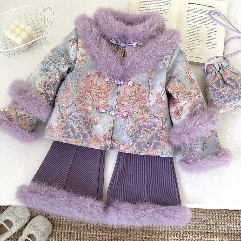 

Girls winter padded suit 2025 new children's Chinese style thickened warm top micro flare trousers two-piece set 90-150cm