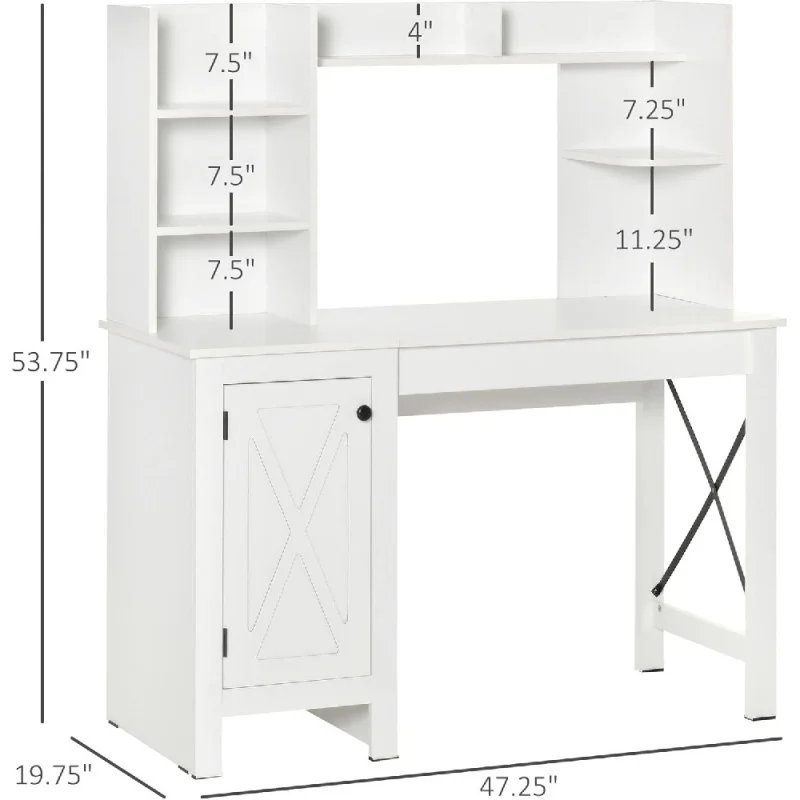 مكتب كمبيوتر المزرعة مع خزانة وخزانة، مكتب مكتب منزلي مع مساحة تخزين، للدراسة، أبيض #3