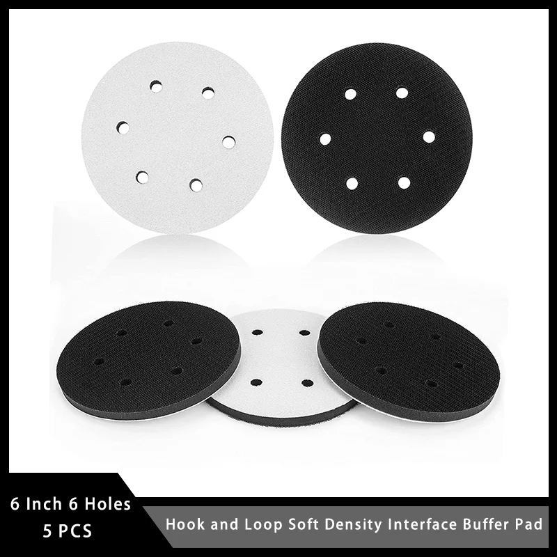 6 Inch 6 Hole Hook and Loop Soft Density Interface Buffer Pad 5 Pcs Applicable for Automotive Cleaning Waxing Polishing Metal