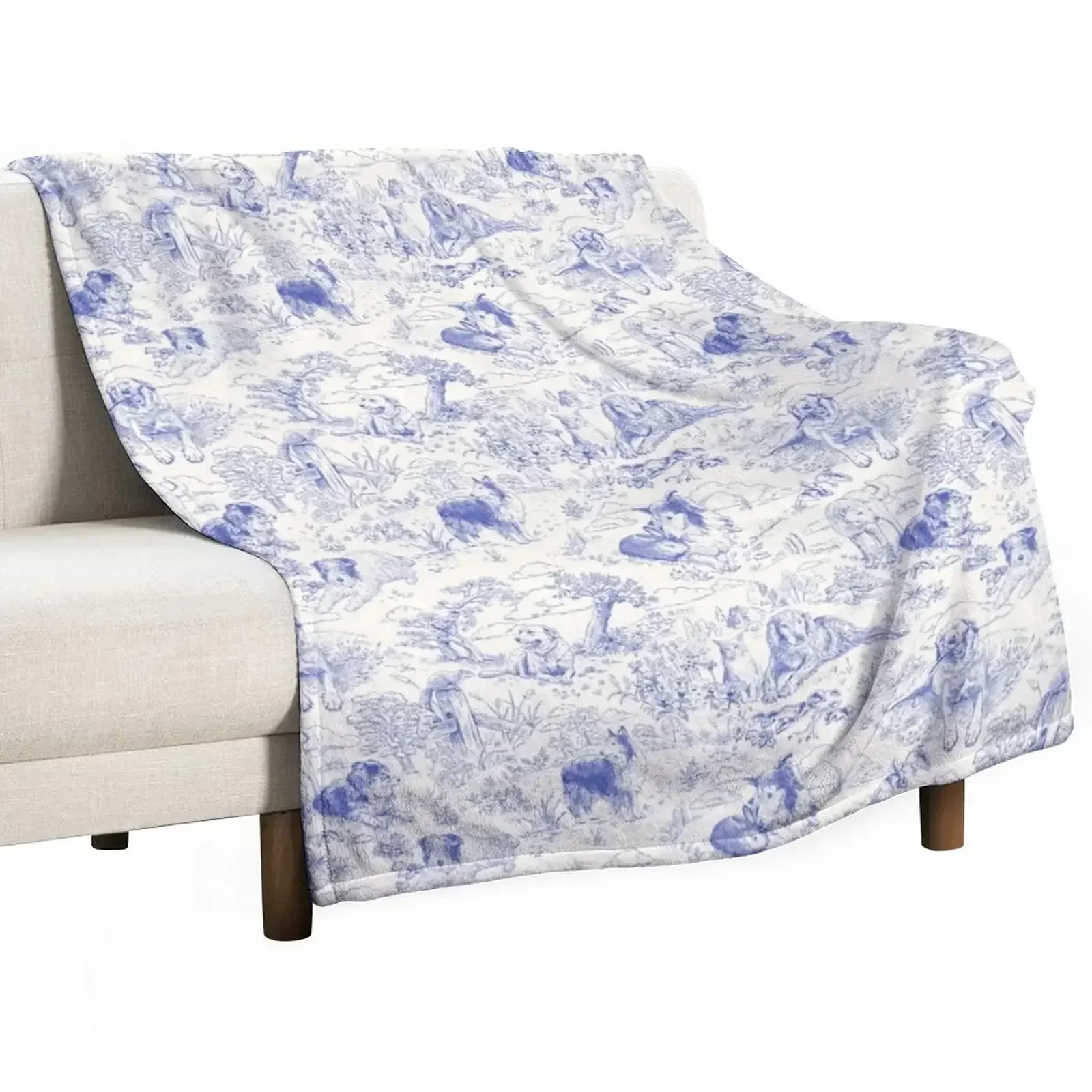 Country Dogs Toile with Collie, Aussie and Jack Russell Terrier in Blue and White Throw Blanket Luxury Throw Blankets