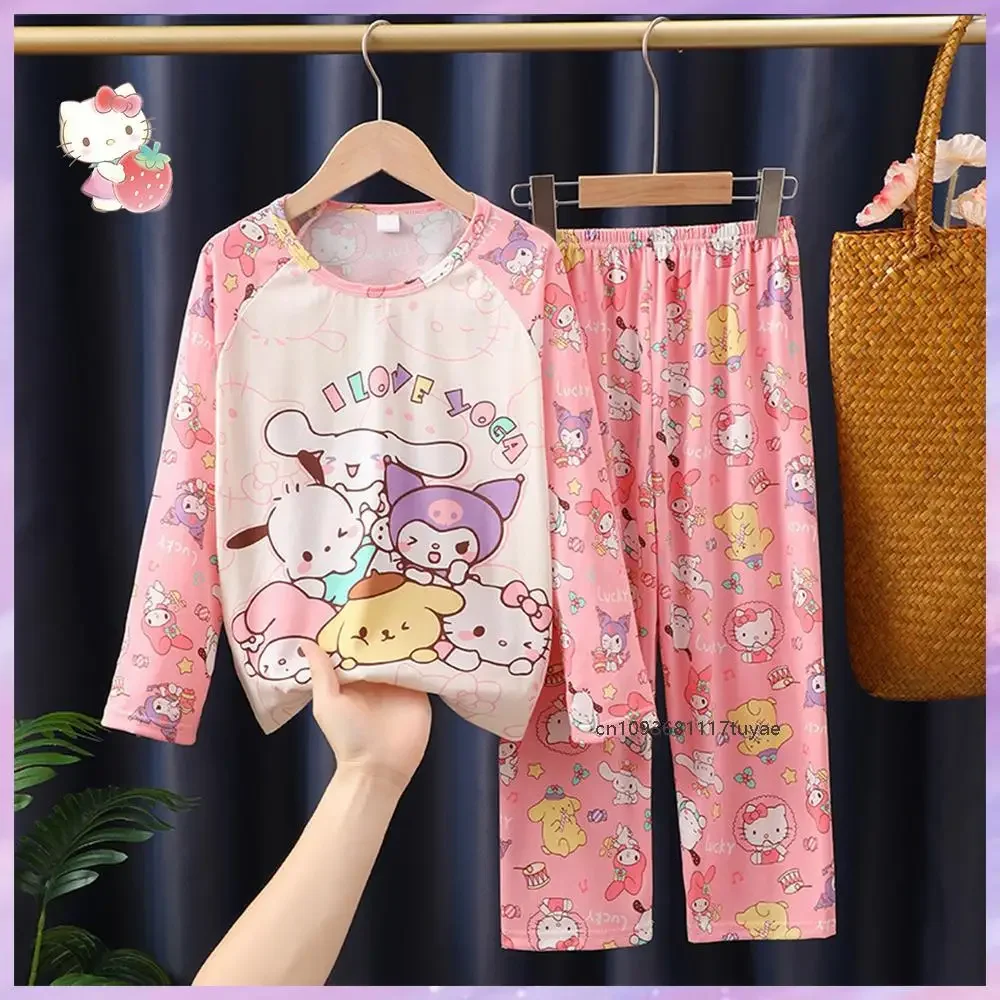 

Sanrioed, 2 шт., детские пижамы в стиле аниме «Hello Kitty», с длинными рукавами, Kawaii Melody Kuromi, милая детская одежда для сна с героями мультфильмов, одежда