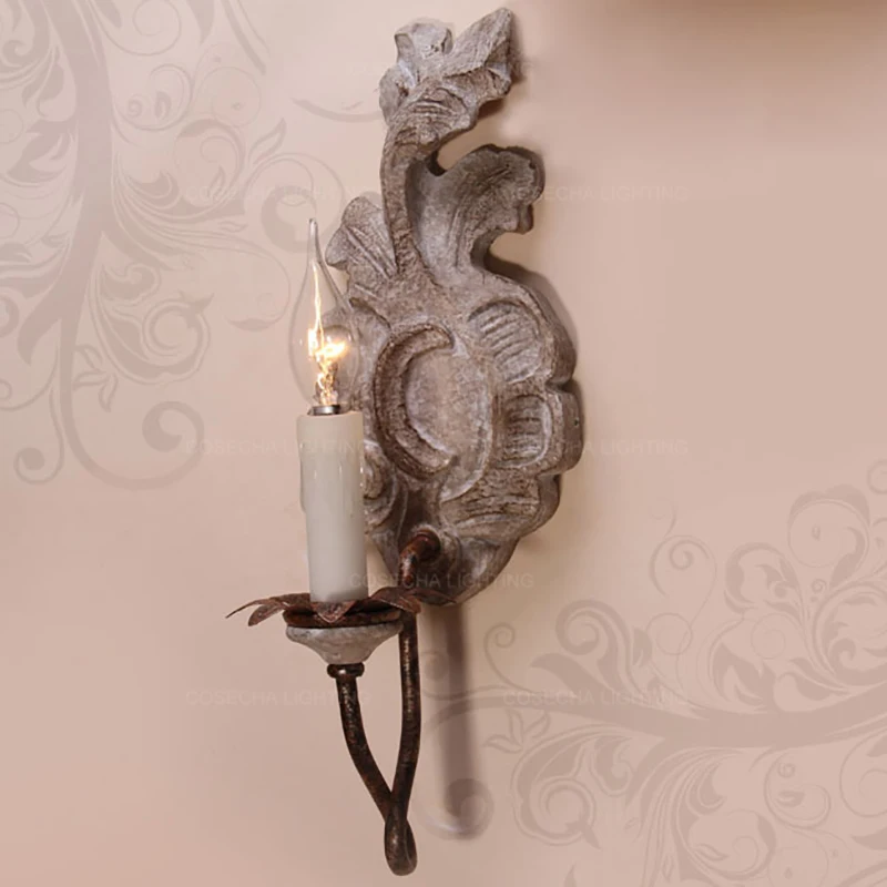 French wood wall lamps antique rustic iron wall sconce retro wall lights for farmhouse bedroom hallway balcony living room foyer