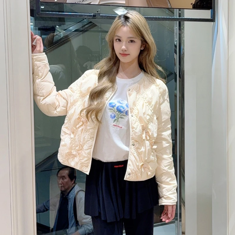 

Модная женская утепленная куртка из гусиного пуха с круглым вырезом, легкая, теплая, осенне-зимняя, стеганая, с дизайнерским узлом, для молодежи