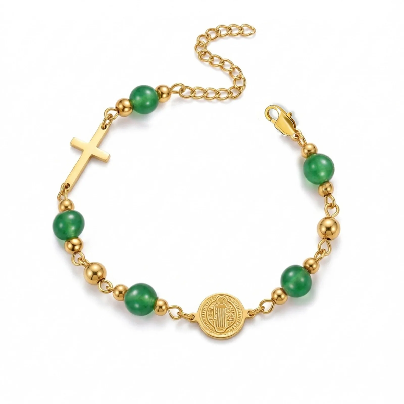 1 Stück religiöses mehrfarbiges Steinperlenarmband mit Kreuz-Jesus-Anhängern, 304 Edelstahl, 18K vergoldet, Geschenk für Frauen, Großhandel – Detail 6