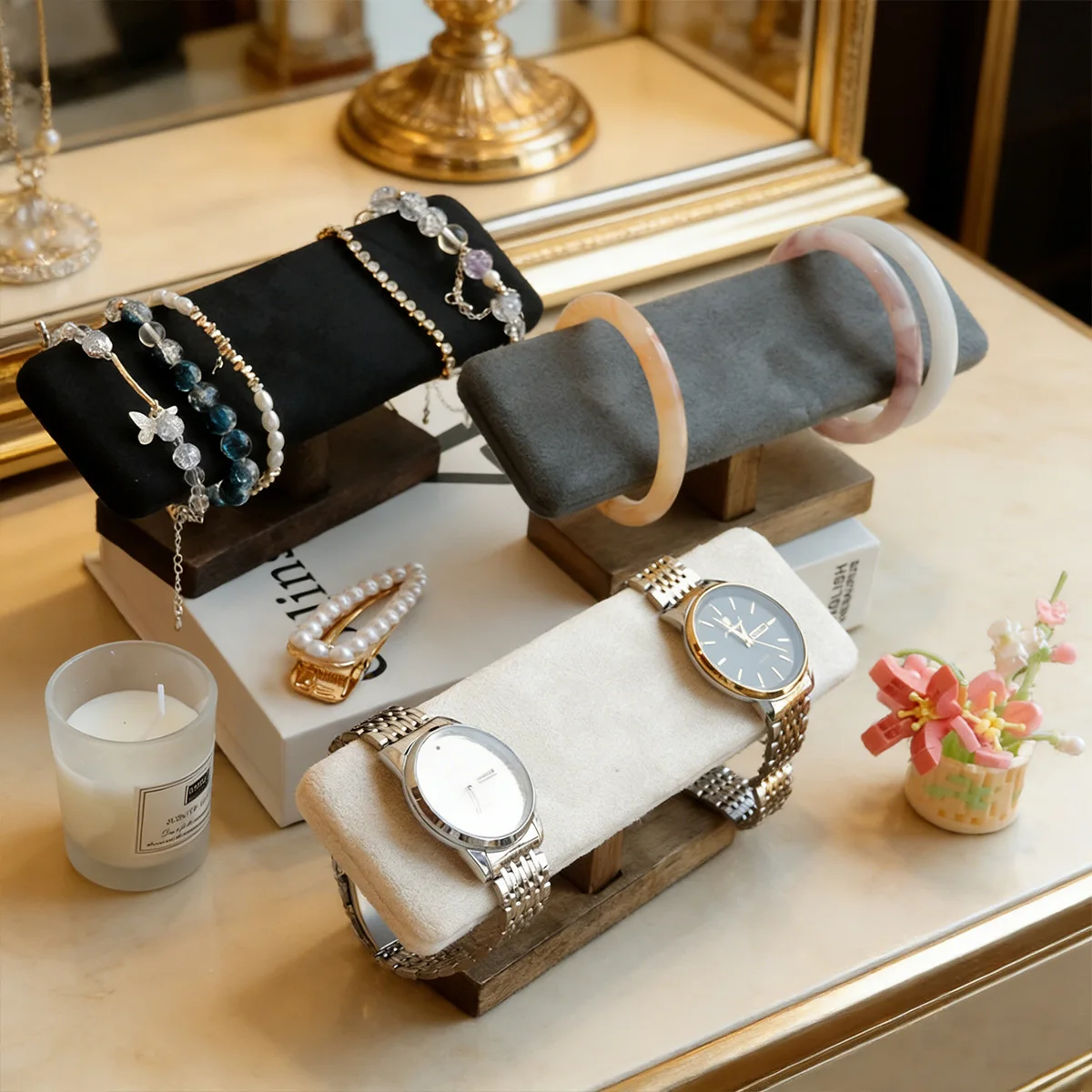 

Wooden Bracelet Display Stand Single Layer Watch Display Jewelry Chain Holder Vertical Velvet Jewelry Organizer Bar Headband