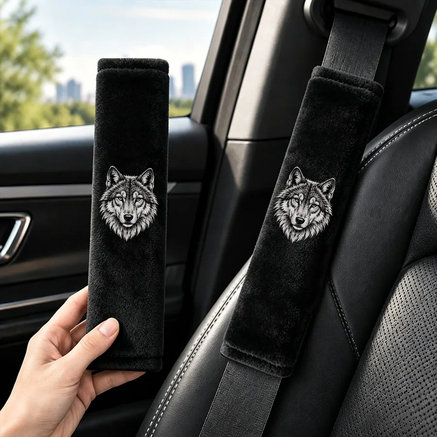 2pcs car seat belt cover, crystal velvet wolf head pattern shoulder guard, soft and comfortable, car interior accessories