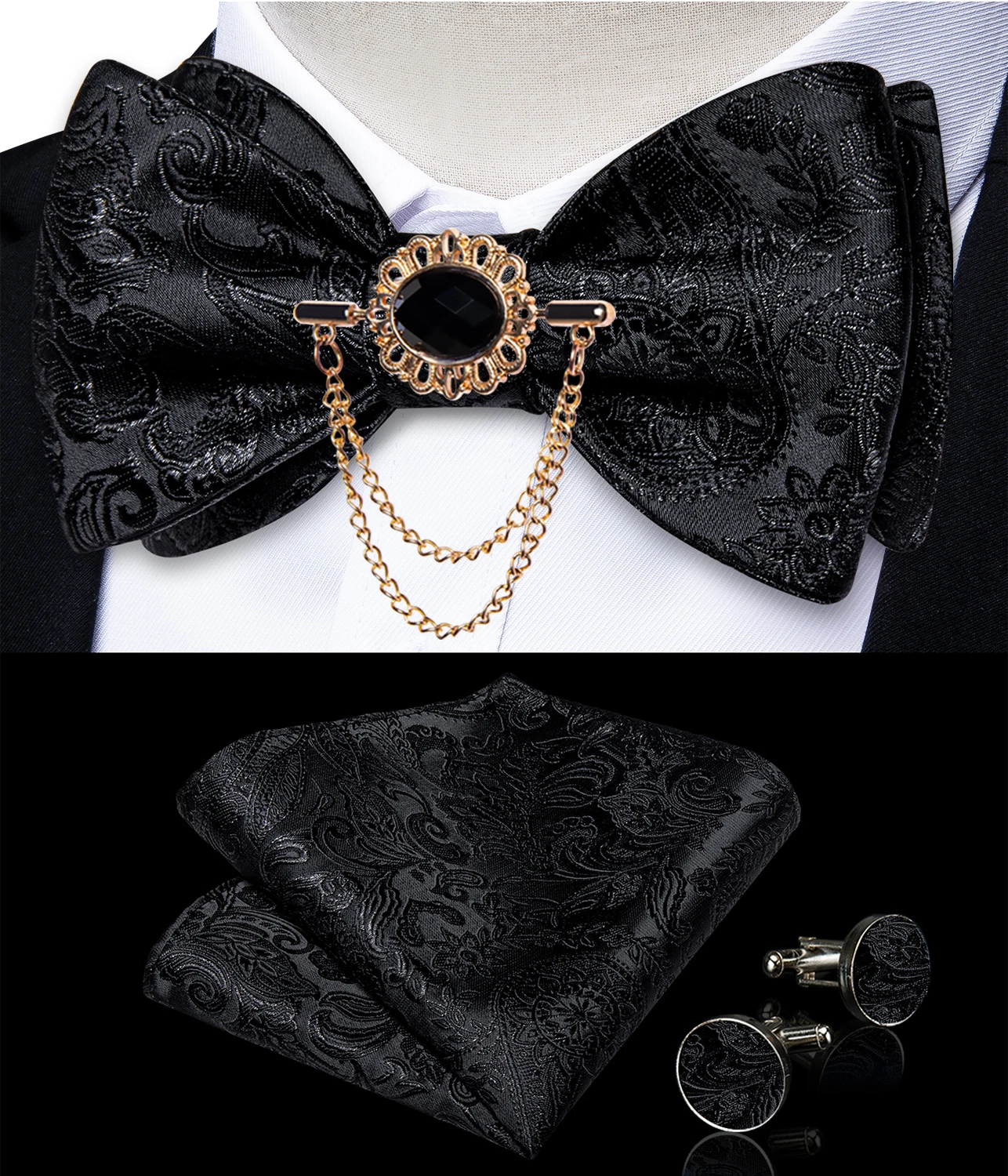 Self Tie Bow Tie with Brooch Chain Luxury Black White Blue Red Paisley Floral Butterfly Wedding Prom Groom Bowknot Men Accessory