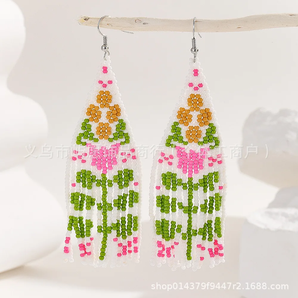 Rice bead earrings Tassel Flowers Design Originality Geometry Hand knitting Bohemia Alloy Fashion Simple Beaded earrings