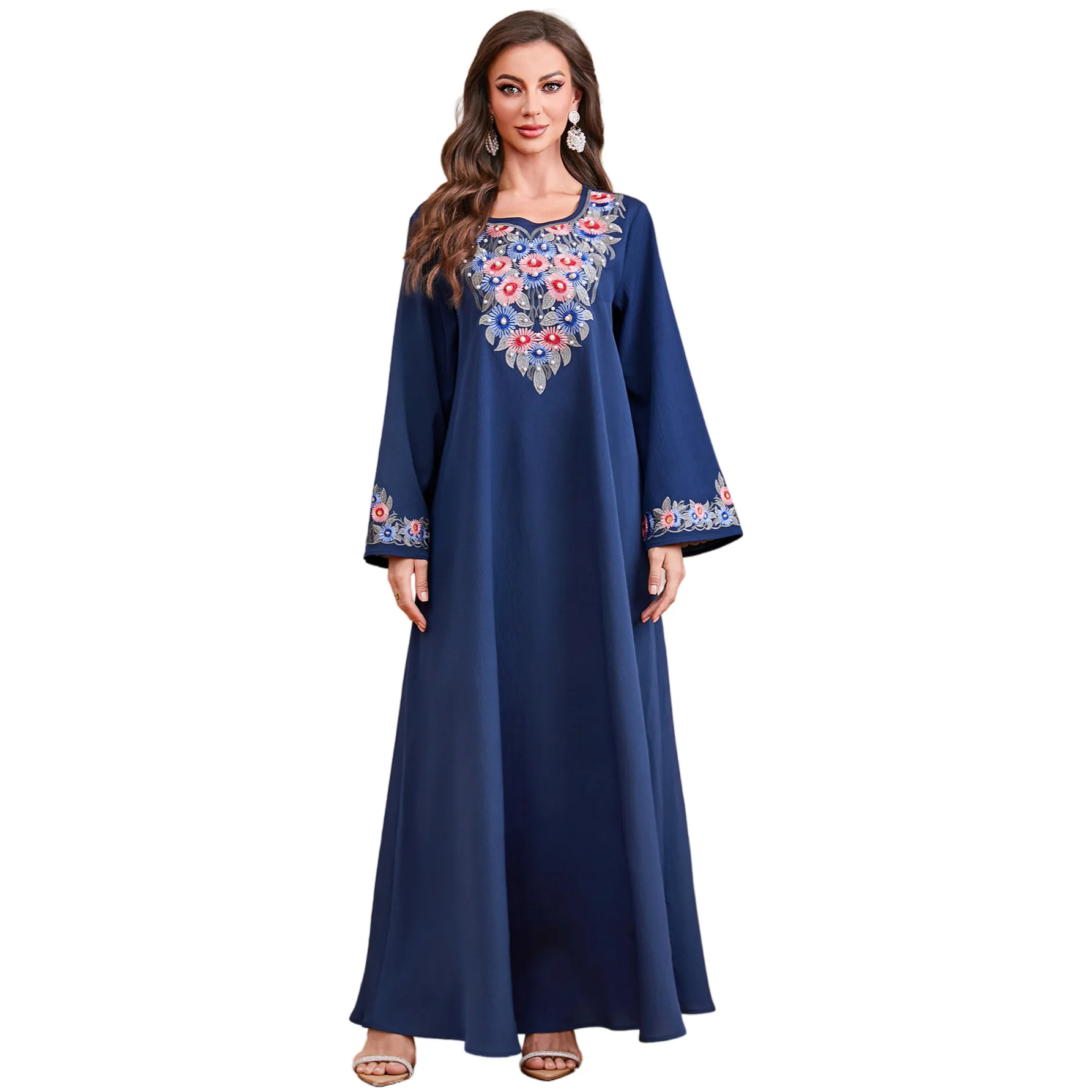 

Morocco Dubai Ethnic Printed Long Robe Muslim Women Dresses Beaded Floral Embroidery Loose Full Sleeve Dress Wedding Party Gown