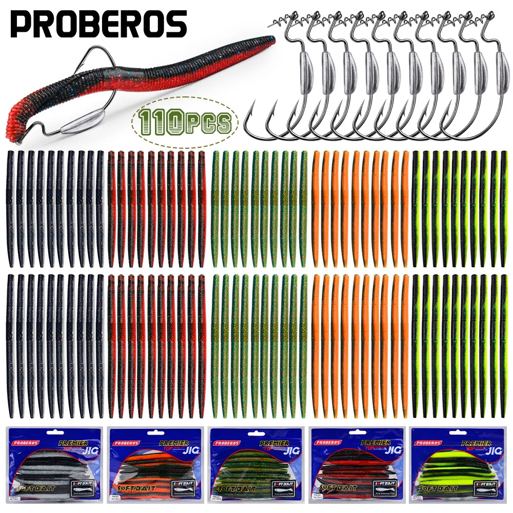 

PROBEROS 110 шт., мягкая рыболовная приманка, комбинированная 100 шт., мягкие приманки + 10 шт., рыболовные крючки, искусственные пластиковые приманки, набор рыболовных приманок Pesca