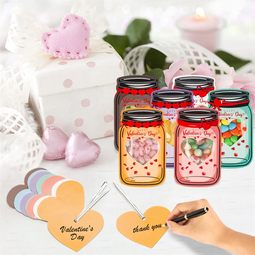 

48 Kraft Paper Candy Jar Valentine Cards Set, Colorful Jars Happy Valentines Cards For Kids Valentine's Day Greeting Cards