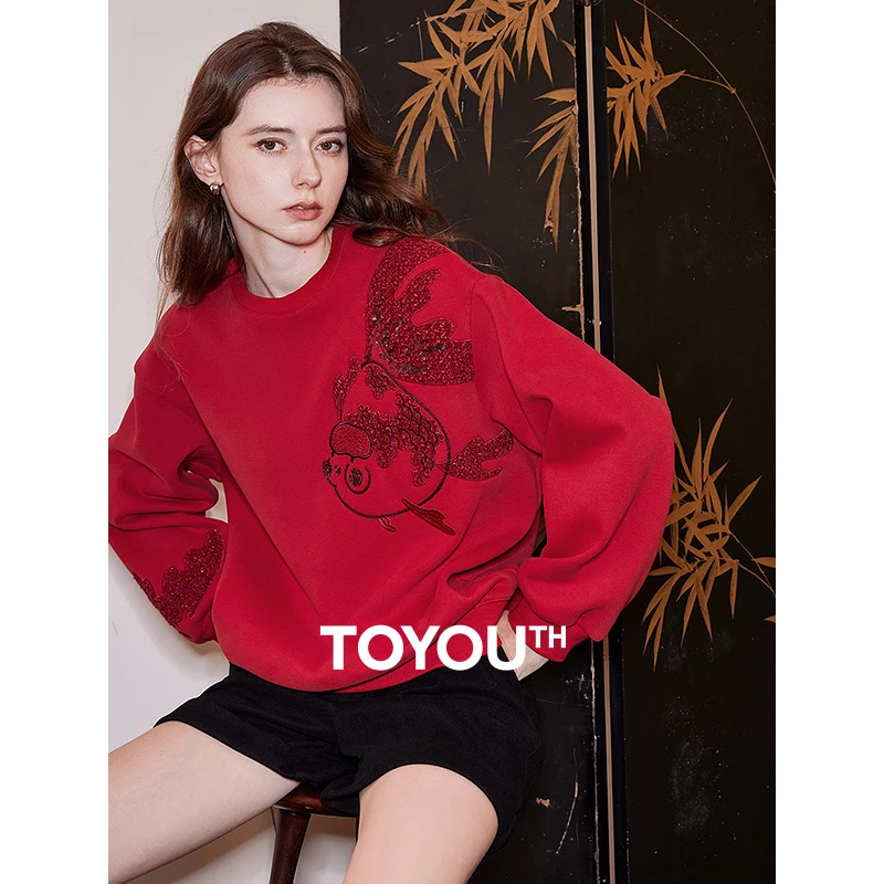 TOYOUTH Women Fleece Hoodies Sweatshirt 2024 Autumn and Winter New Koi Embroidered Thicking Warm Round Neck Pullover Tops Red