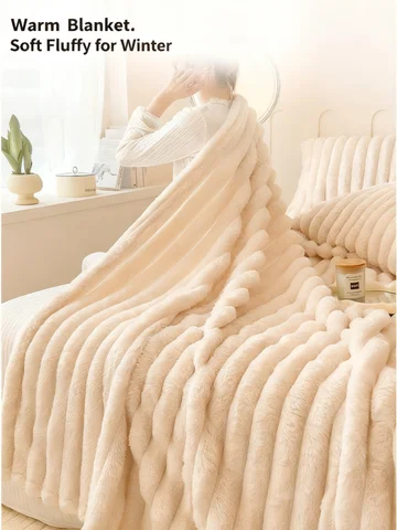 Yatak için 1 adet Battaniye - 250GSM Yumuşak ve Sıcak Kabarık Battaniye, Kış Uykusu / Uyku için Dekoratif Çizgili Battaniyeler