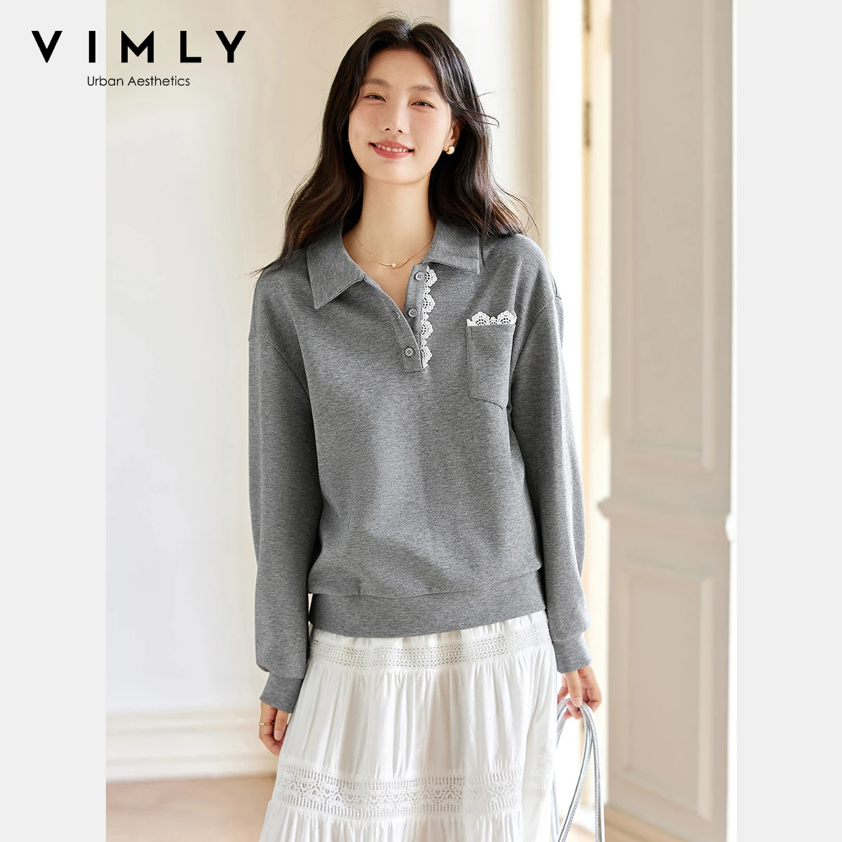 

VIMLY Sports Women Grey Sweatshirts Autumn 2025 Lace Splicing Turn-down Neck Knitted Female Sweatshirt Loose Ladies Tops A2225