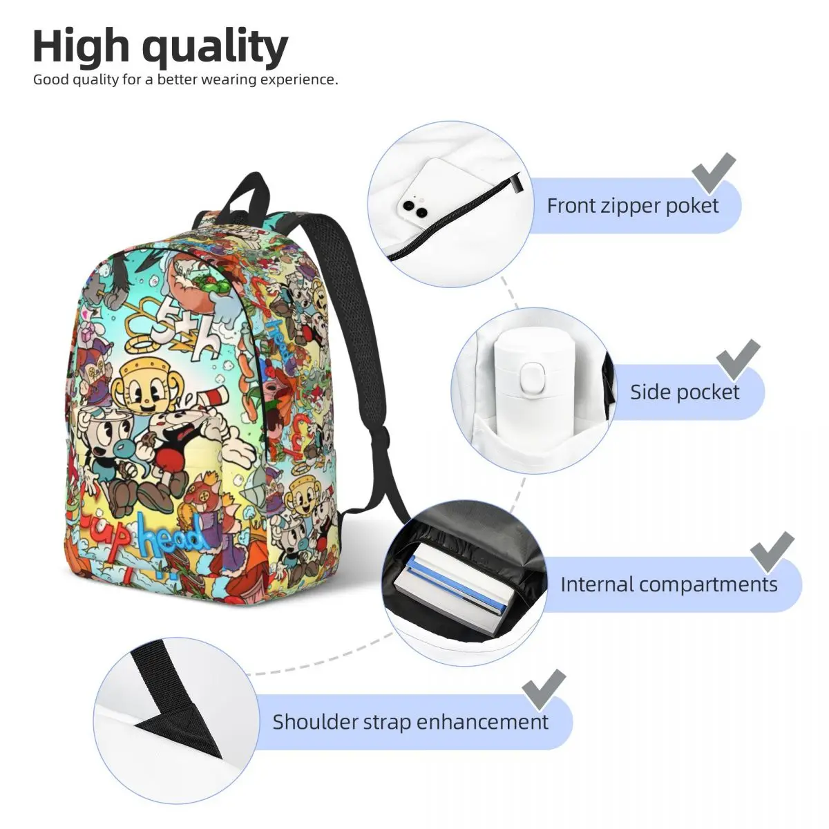 Great Retro Game Cuphead Backpack for Boy Girl Kids Student School Bookbag Canvas Daypack Preschool Primary Bag Travel