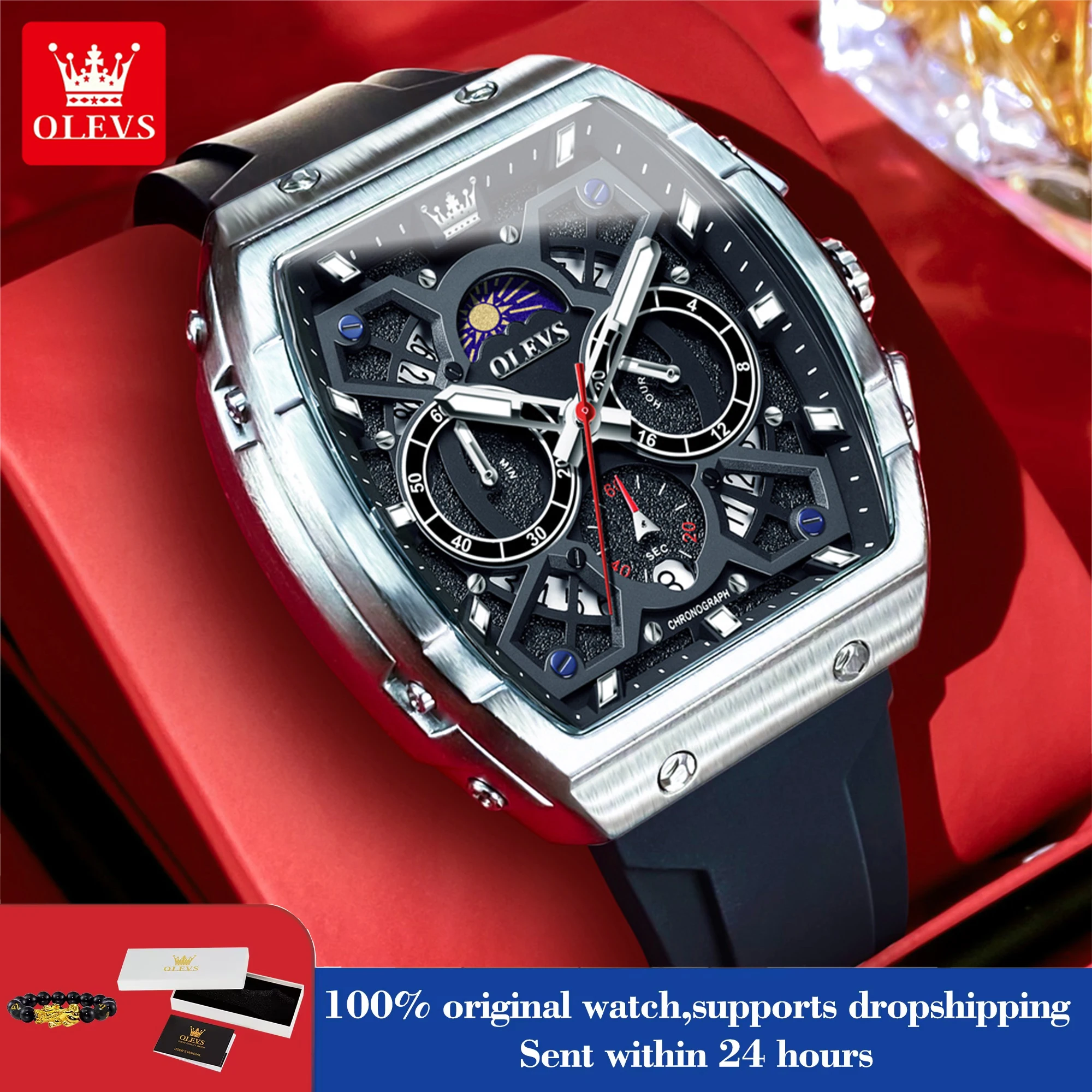 

OLEVS 2942 Роскошные кварцевые часы с хронографом для мужчин 44 мм, большой циферблат, фаза Луны, ручные часы, дата, водонепроницаемые оригинальные модные часы