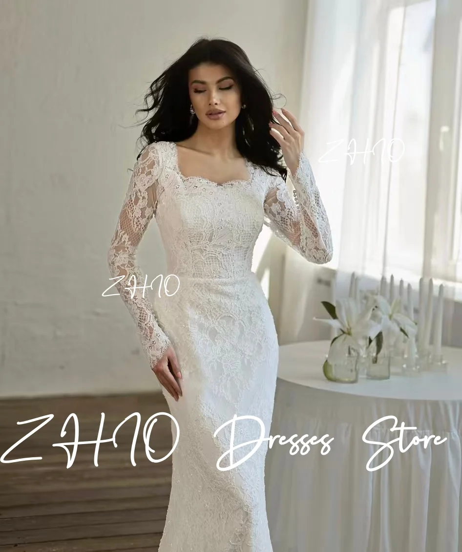 ชุดแต่งงานลูกไม้สีขาวหรูหรา แขนยาวทรงเมอร์เมด พร้อมชายกระโปรงยาวแบบสวีปเทรน  ชุดราตรีสั่งตัดได้  ชุดเจ้าสาว