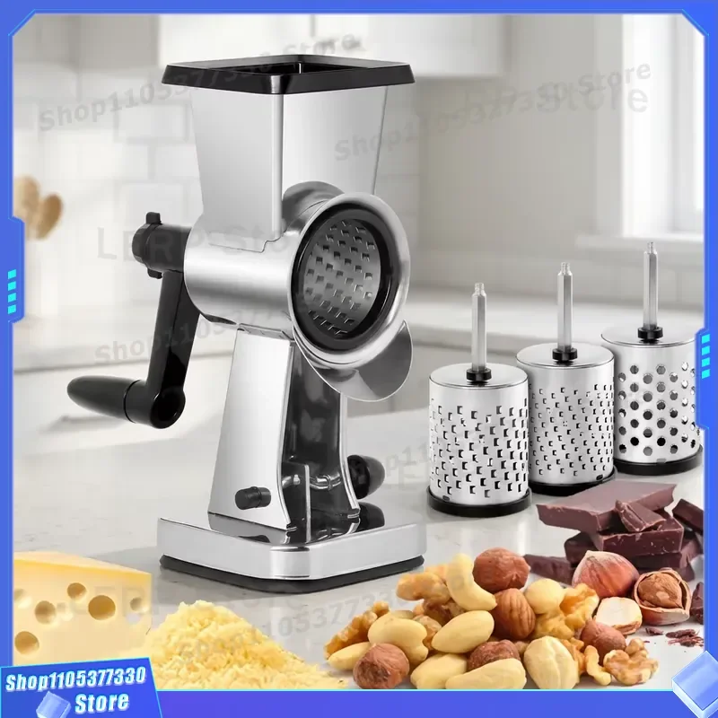 3 in 1 Manual Rotary Cheese Grater Stainless Steel Vegetable Slicer with Strong Suction Base Multi Function Kitchen Tool for