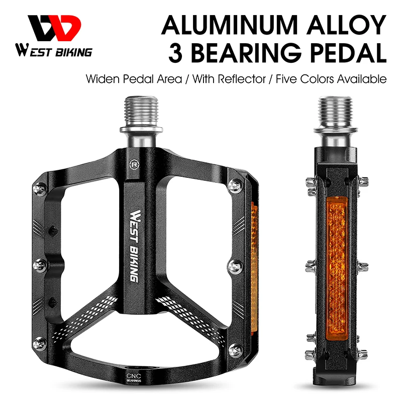 

WEST BIKING Mountain Bike Reflective 3 Bearing Pedals Lightweight Aluminum Alloy Non-Slip Road Flat For MTB BMX