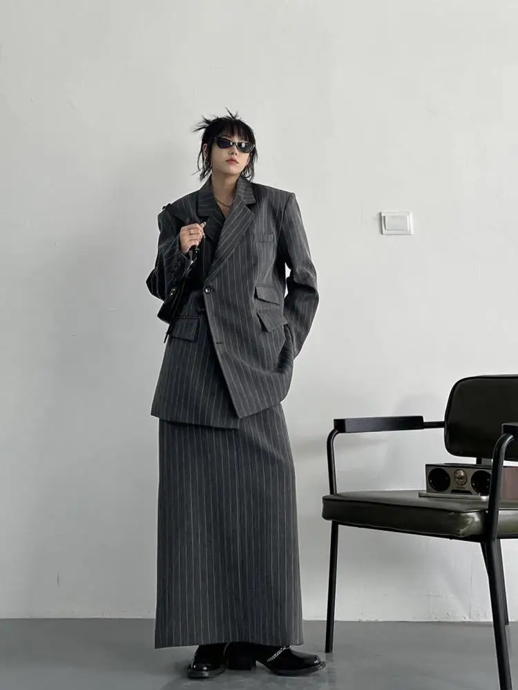 Autumn Winter Loose Gray Striped Skirt Suit Women Vintage Long Sleeve Blazer Jackets And High Waist Pockets Split Long Skirt Set