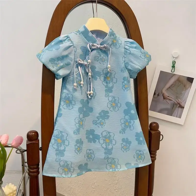 

Платье Cheongsam для девочек от 1 до 8 лет, новинка 2023 года, летнее платье для девочек, детская одежда HanFu в национальном стиле, 90-140 см