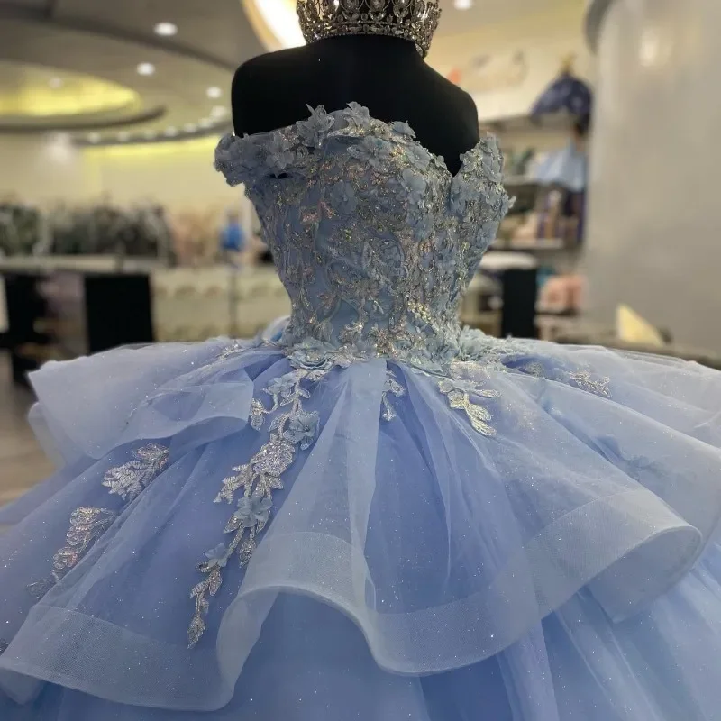 Light Sky Blue Quinceanera Dresses Ball Gown Appliques Lace Beaded Sweetheart Birthday Party Gown Vestidos De 15 Anos Real Image