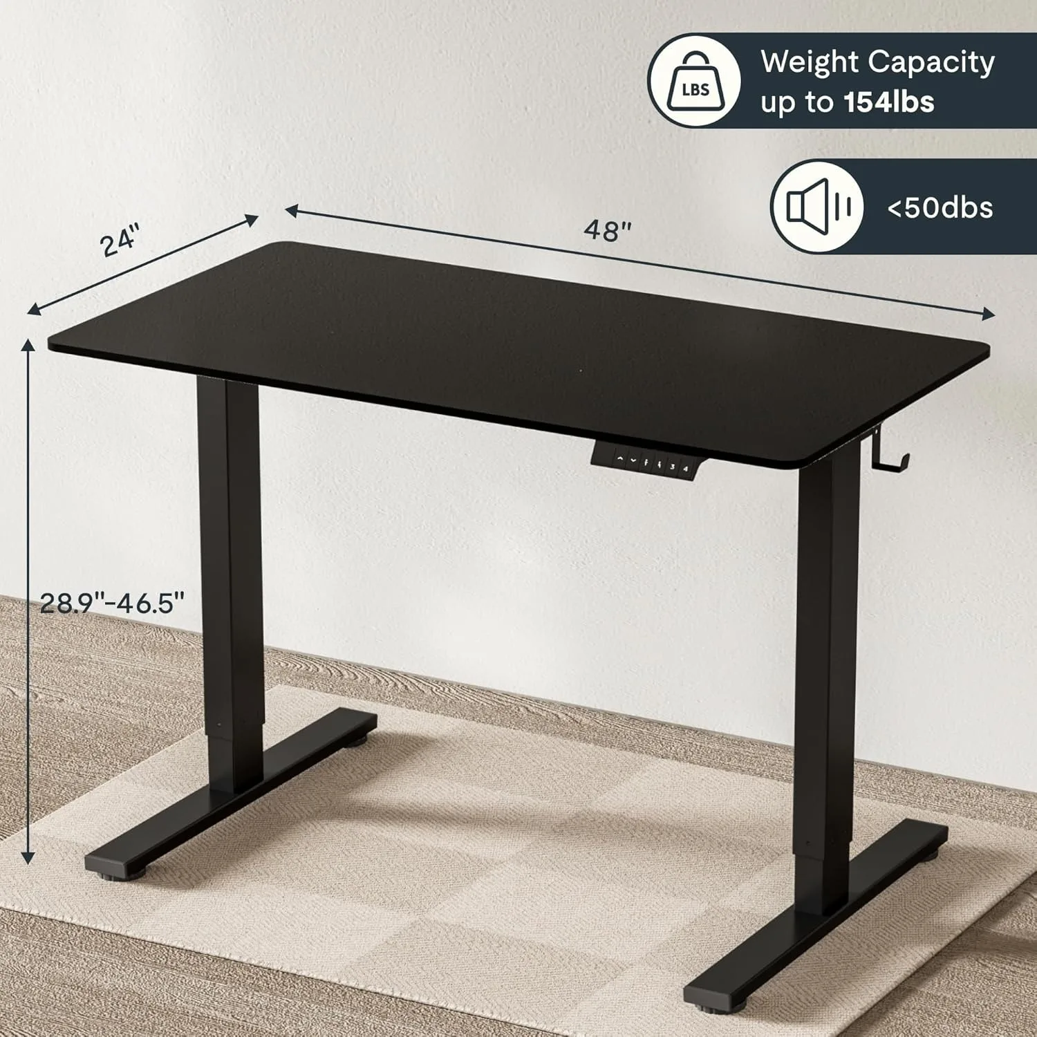 Integrated vertical office desk, 48 x 24 inch electrically adjustable height home desk (black frame+black tabletop)