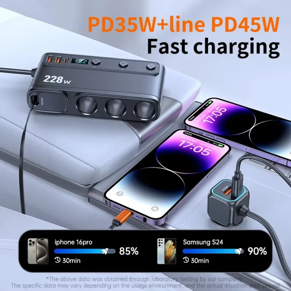 228W 9 in 1 Car Fast Charger Adapter Charge Independent Switches DC Cigarette Outlet PD 3 Socket Cigarette Lighter Splitter