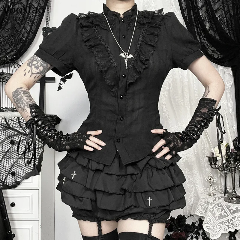 

Japanese Victorian Vintage Black Shirt Women Gothic Y2k Ruffles Lace Patchwork Short Sleeve Blouses Female Chic Slim Lolita Tops