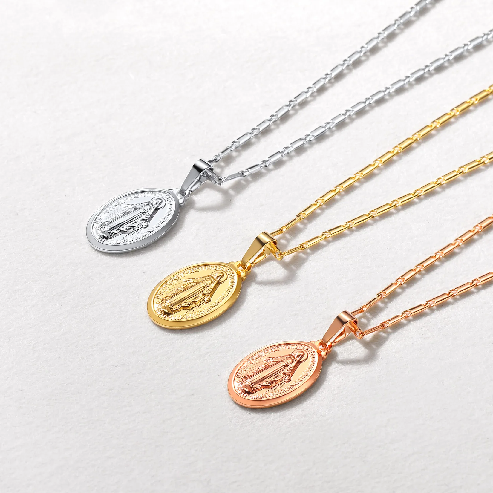 U7 Oval Coin Virgin Mary Pendant Necklace Dangle Earring Set for Women Embossed Miraculous Medal 2pcs/set Jewelry Set Gift