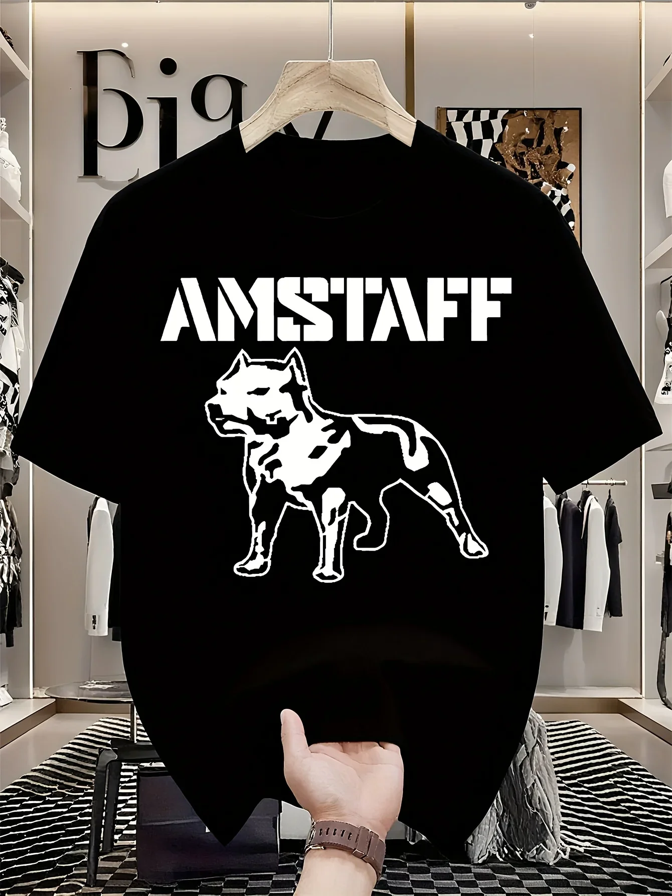 

All-season comfort fit round neck tee for casual look streetwe AMSTAFF Men's Cartoon Dog Graphic Print T-Shirt Black and White