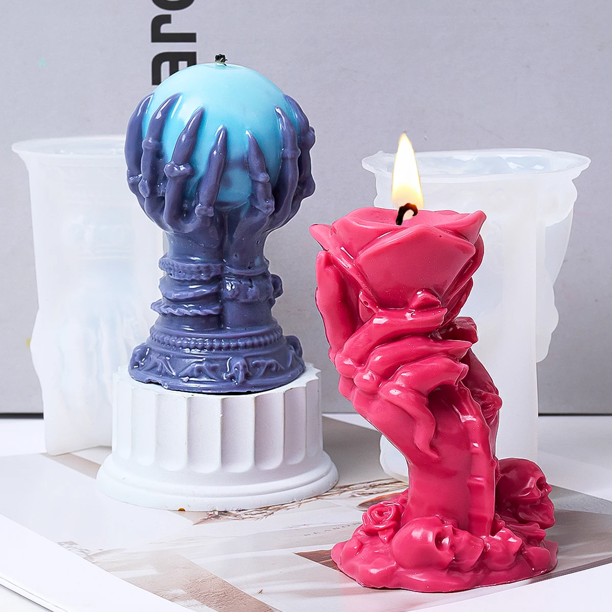 Nowa różana ręcznie silikonowa forma do świec DIY Ghost Claw Demon Hand Holding Ball Scented Making Mold Halloween Gifts Craft Party Decor