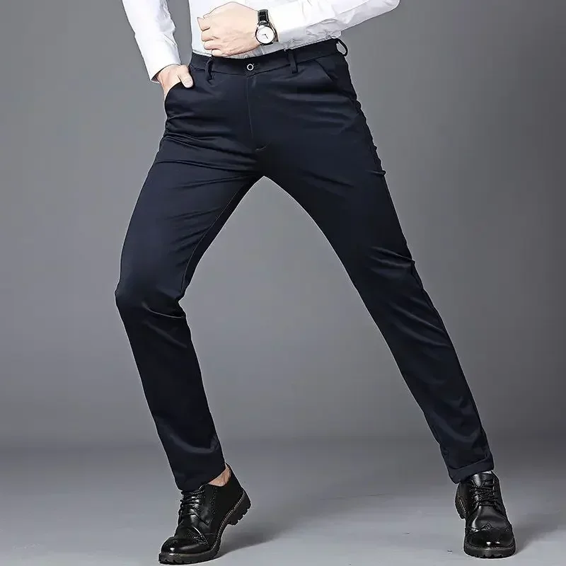 Korean Straight Pants for Men, Spring Quick Dry Suit Pants Stretch Solid Black Blue Smart Casual Trousers for Office and Leisure