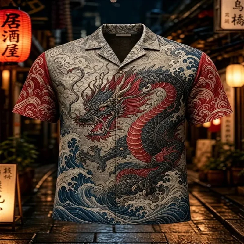 Men's Vintage Japanese Samurai Print Short Sleeved Versatile Vacation Shirt Top
