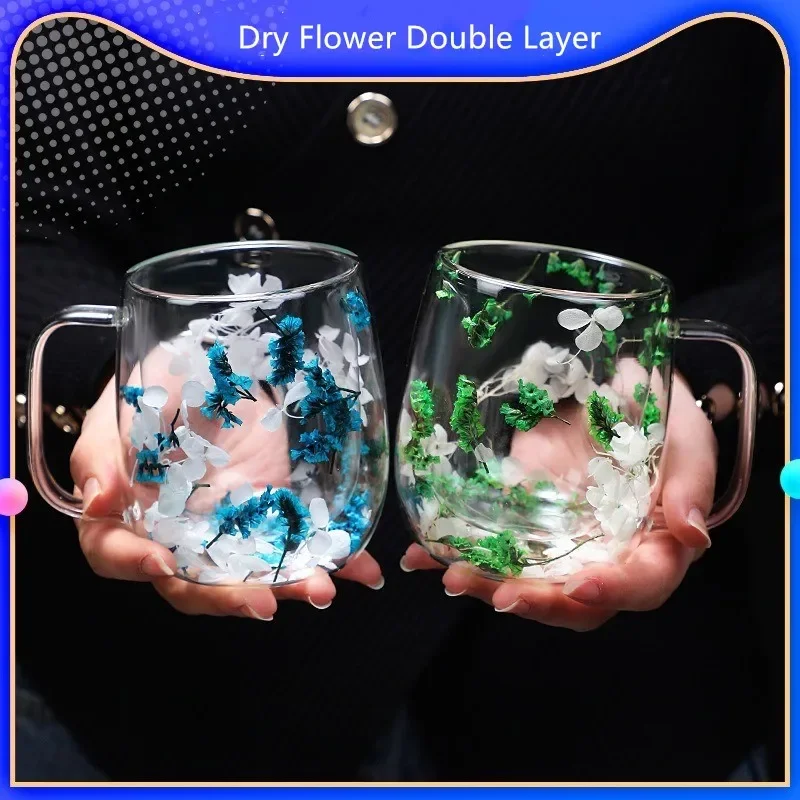 

Real Flower Dry Flower Double-layer High Borosilicate Glass Cup Office Bar Household Mark Coffee Cup