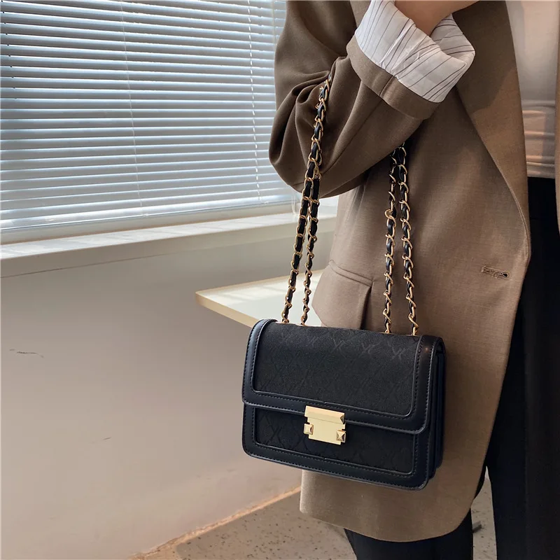 Embroidery Plaid Pattern Chain Crossbody Bag For Women Canvas and PU Small Shoulder Bag Ladies Purses And Handbags 2023 Trended